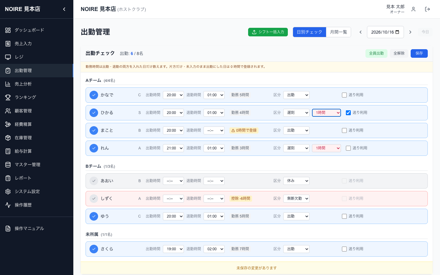 罰金・欠勤控除のもとになる、出勤管理の「区分」と「遅刻時間」