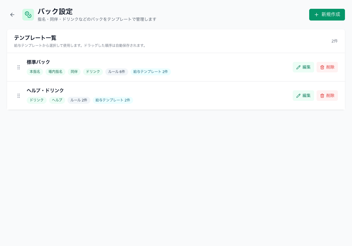 バック設定の一覧。どの給与テンプレートで使われているかも表示されます