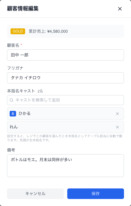 本指名キャストの設定。先頭のキャストが主本指名になります