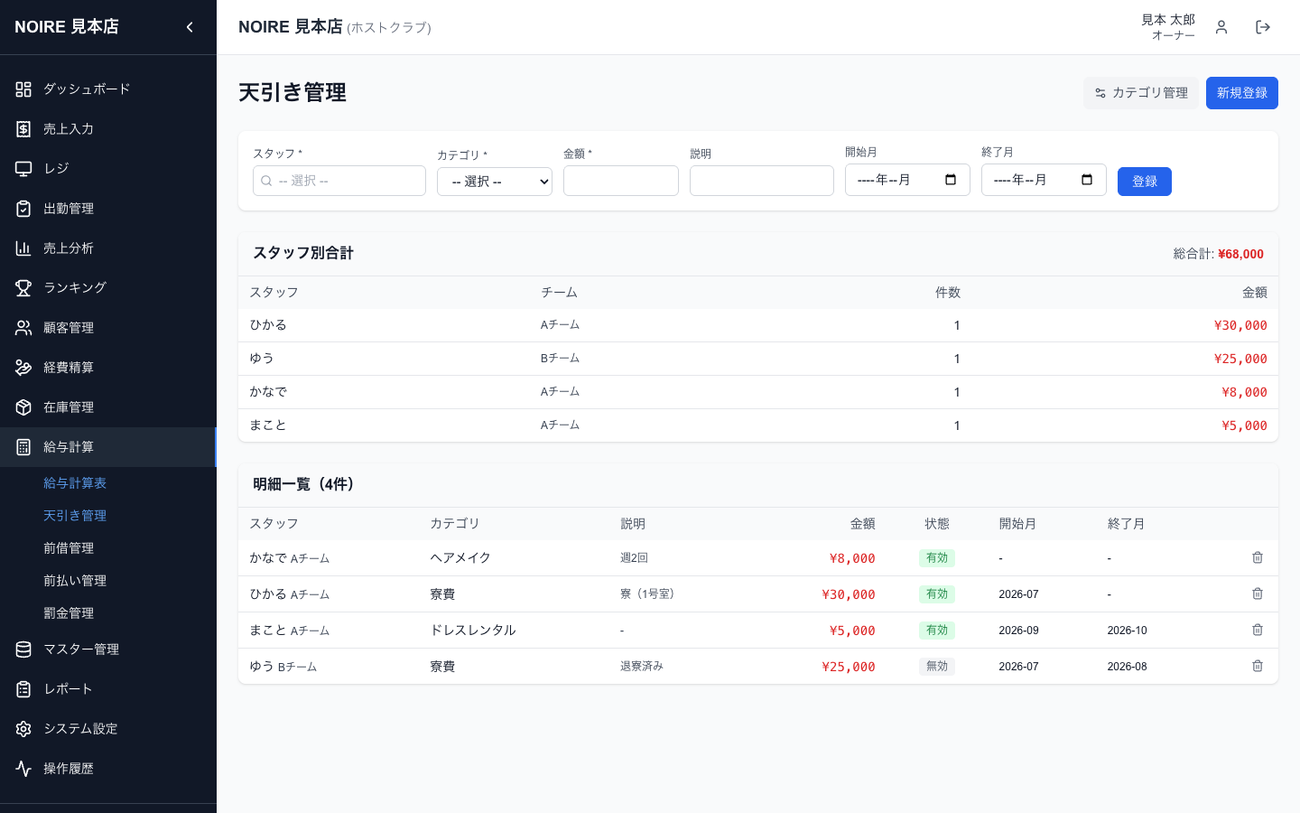 天引きの登録フォームと一覧。「状態」の有効/無効ボタンで一時停止できます