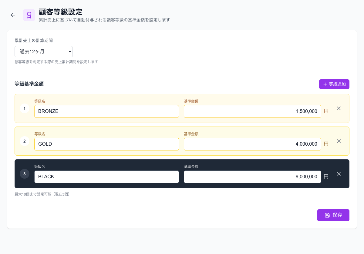 顧客等級設定。期間と、等級ごとの名前・基準金額を設定します