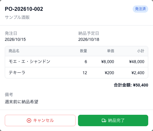 発注済みの発注の詳細。「納品完了」を押すと在庫に入庫されます