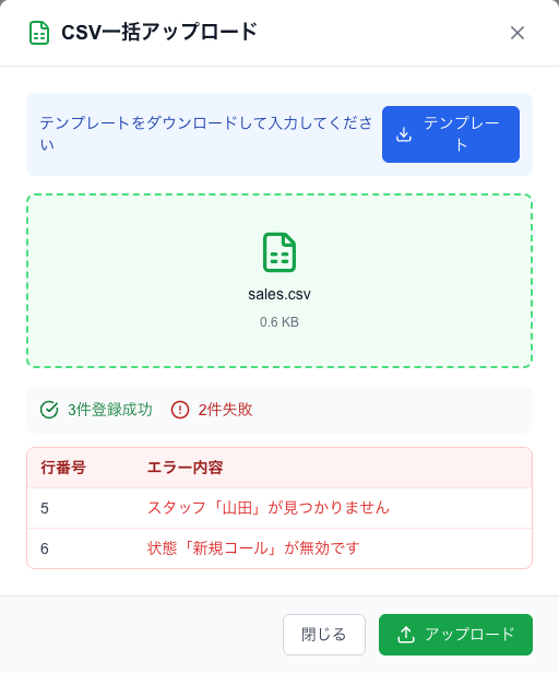 取込の結果。失敗した行は行番号とエラー内容で確認できます